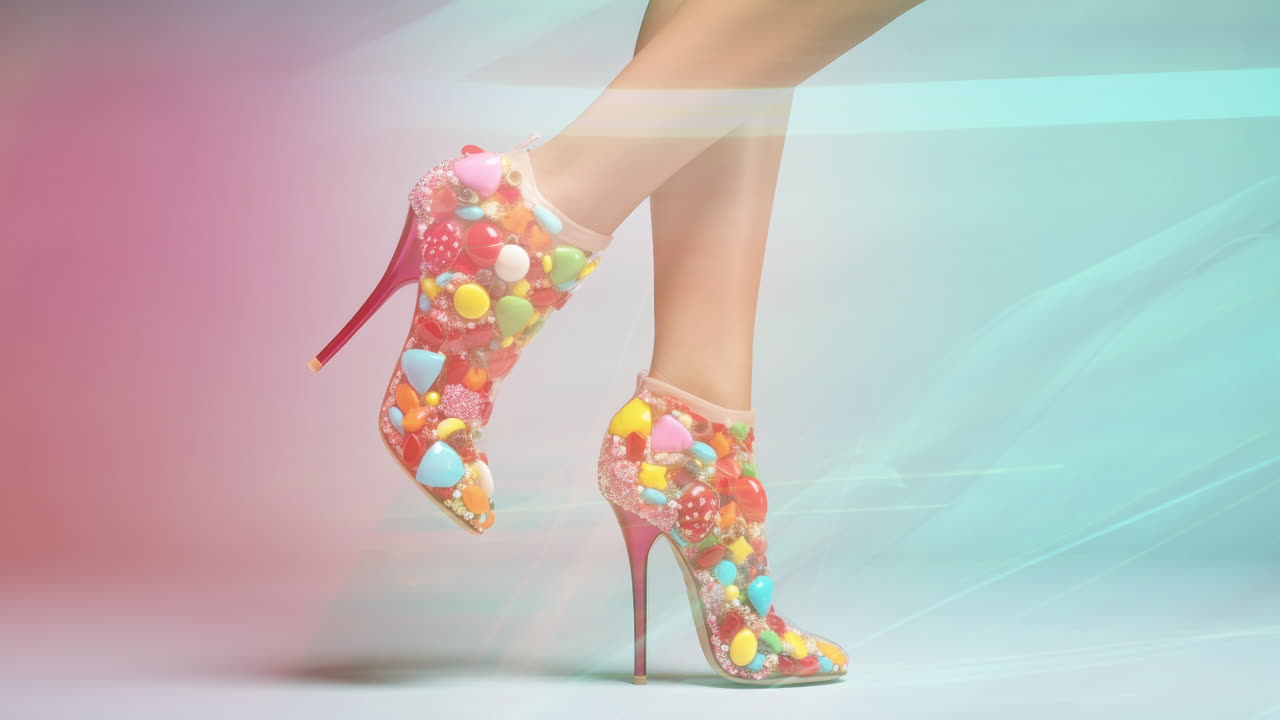 높은 발 뒤꿈치 신발은 사탕과 사탕으로 만들어져 있습니다.