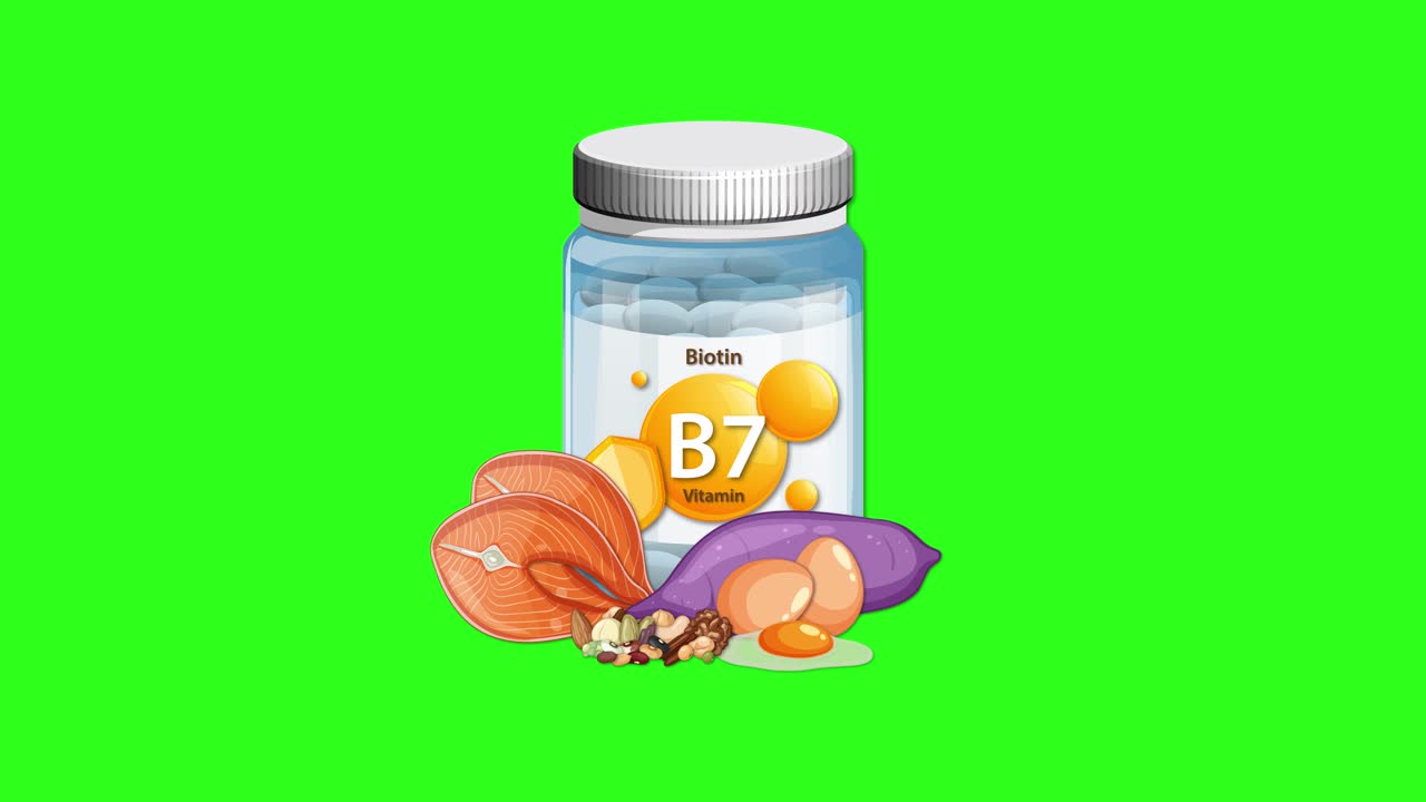 Biotin supplement bottle and food sources appear together, centered, with smooth transitions on green background