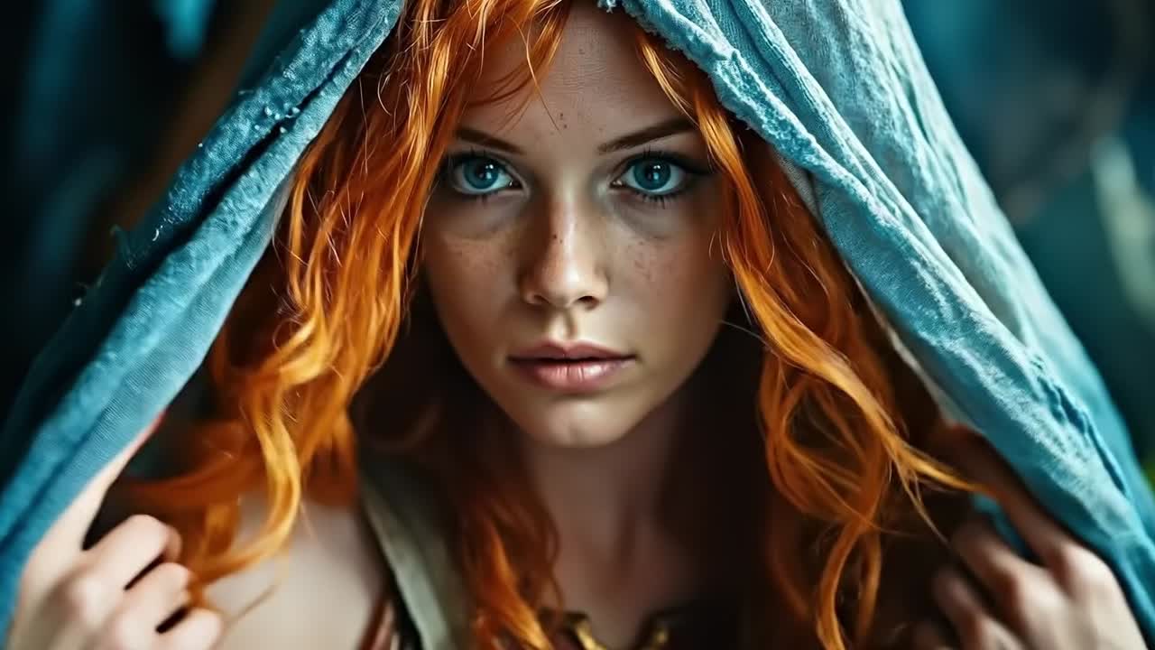 A woman with red hair and blue eyes under a blue hood