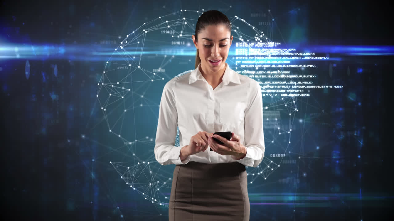 joven hombre de negocios caucásico usando teléfono con fondo de red 3d