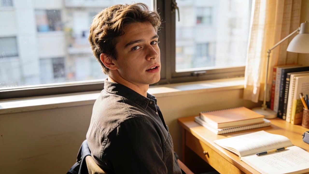 Câmera focando estudante masculino de camisa escura, virando-se para a janela para uma pausa nos estudos, com um caderno.