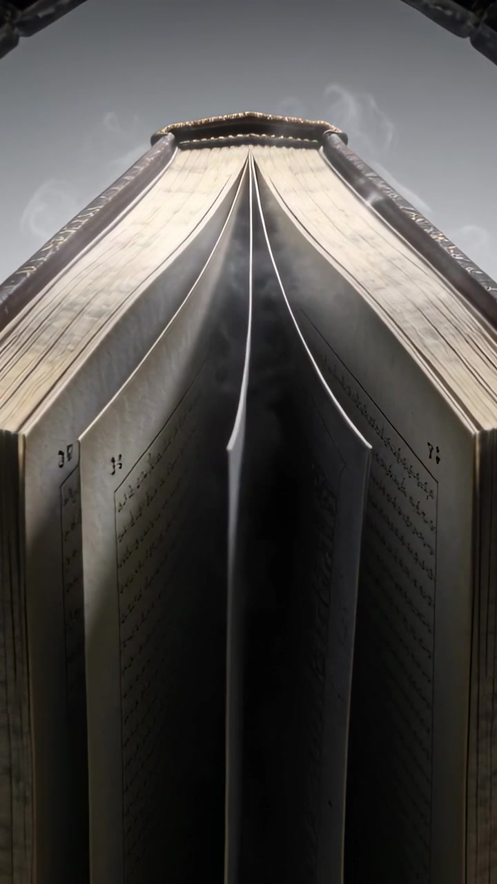 Video verticale: Sfogliare le pagine di un libro con copertina rigida con un leggero movimento, mostrando il testo stampato all'interno sotto un arco.
