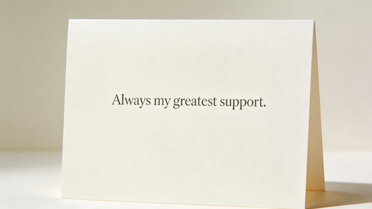 Camera shifting frame, card standing upright, printed text enlarging, showcasing card design