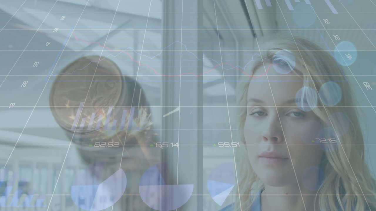 Statistical data processing over portrait of thoughtful caucasian woman at office