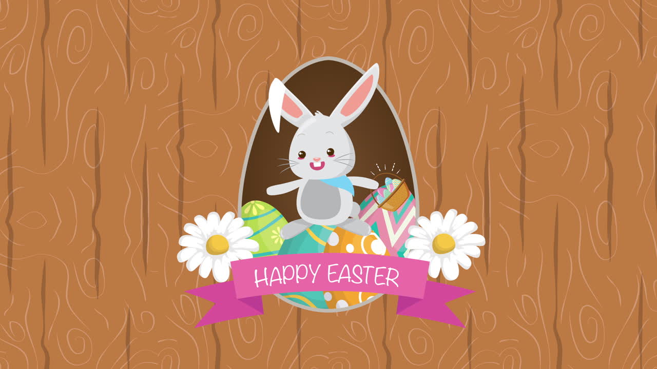 buona pasqua carta animata con coniglio e decorazione di fiori