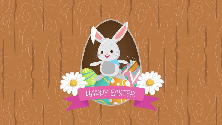 happy easter animated card with rabbit and flowers decoration