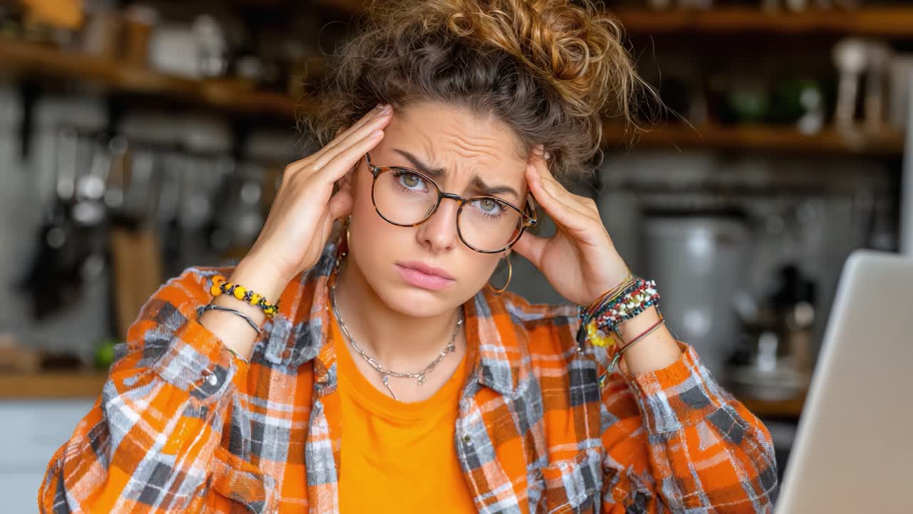A Young Woman in Casual Attire Expresses Frustration and Stress While Working on a Laptop in a Cozy Home Environment, Reflecting the Challenges of Remote Work