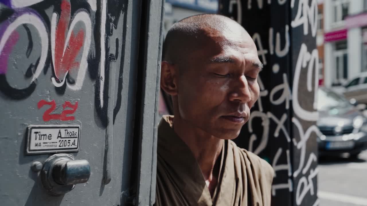 Experiencing tranquility, a Buddhist monk meditates with closed eyes, finding inner peace amidst the bustling urban environment, surrounded by graffiti and city sounds