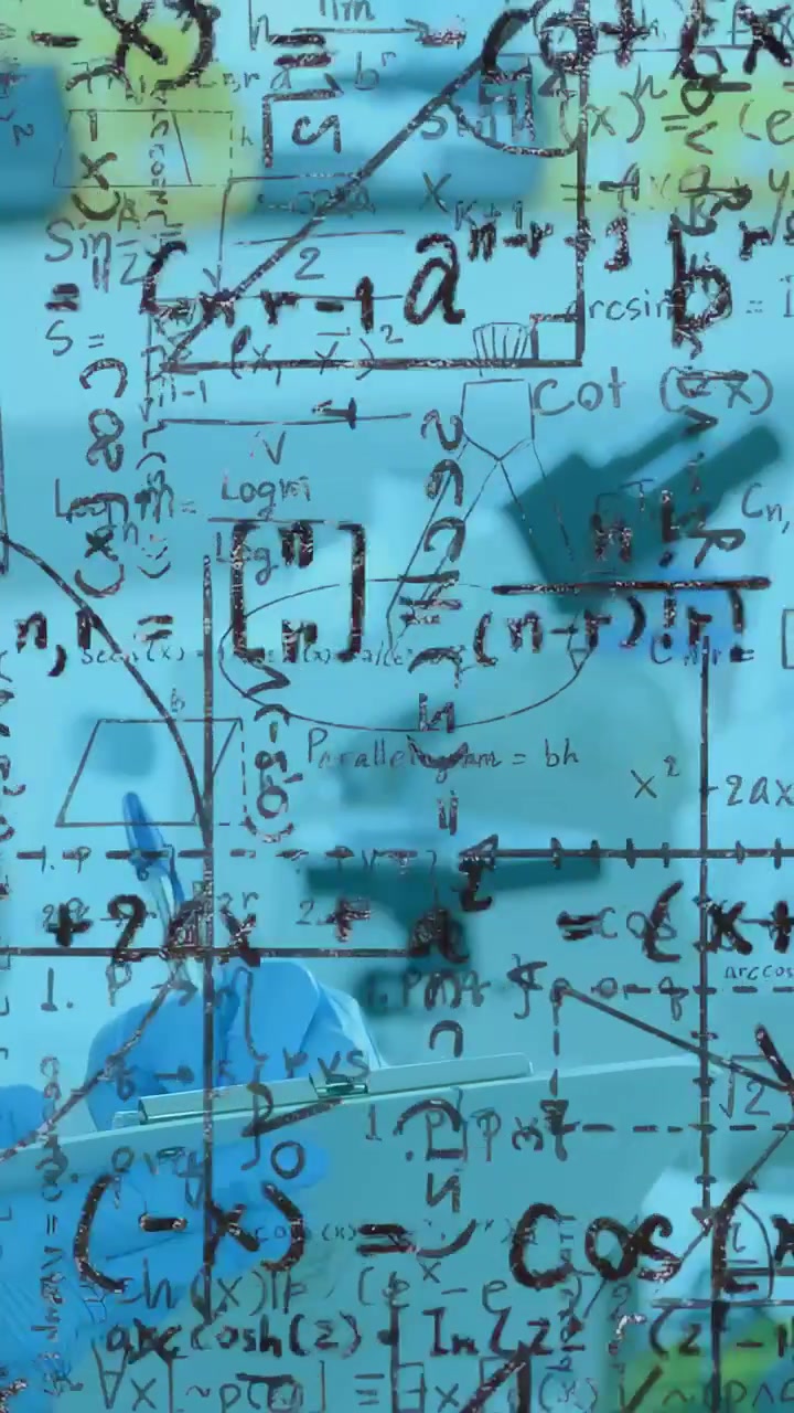 Vertical video: Team pointing, shifting and showing math on glass board for teaching, boxes rising
