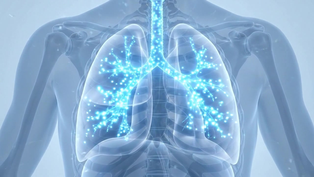 Clinical anatomy render of human lungs featuring both lungs visible through a translucent chest in a detailed human body visualization