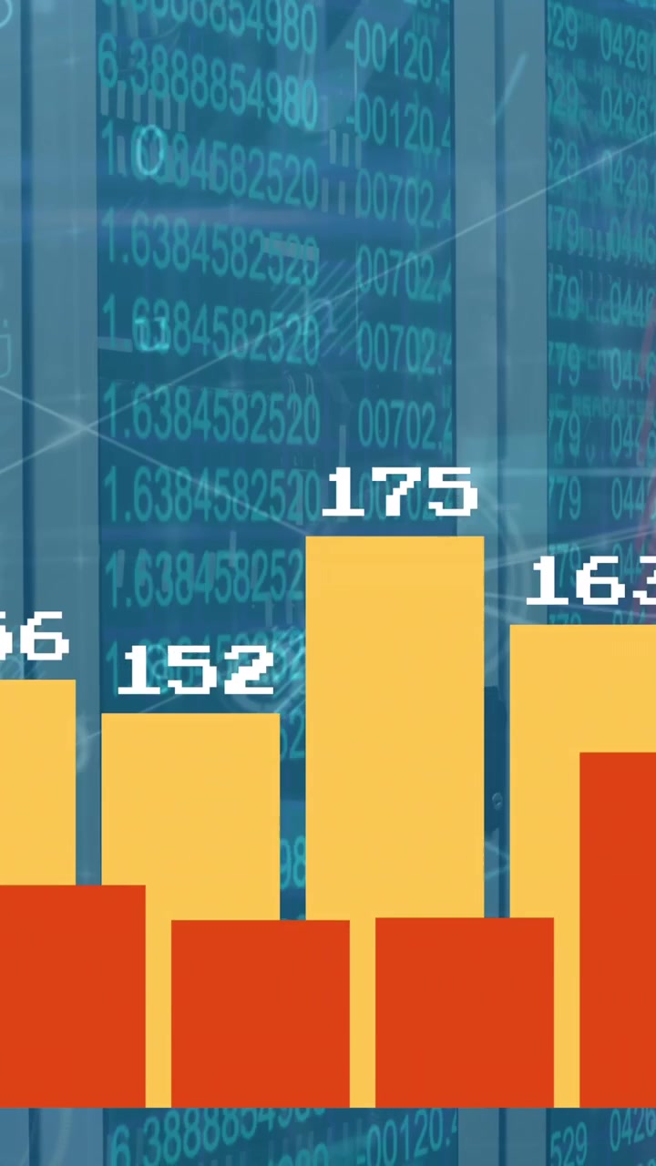 Animation of statistical data processing and network of digital icons against computer server room