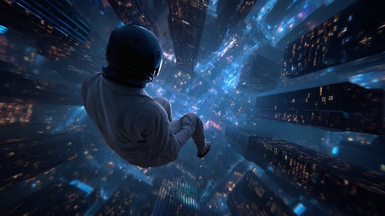 Un astronauta fluttua in un paesaggio urbano surreale, circondato da imponenti grattacieli e luci scintillanti della città, creando una visione mozzafiato dell'esplorazione cosmica