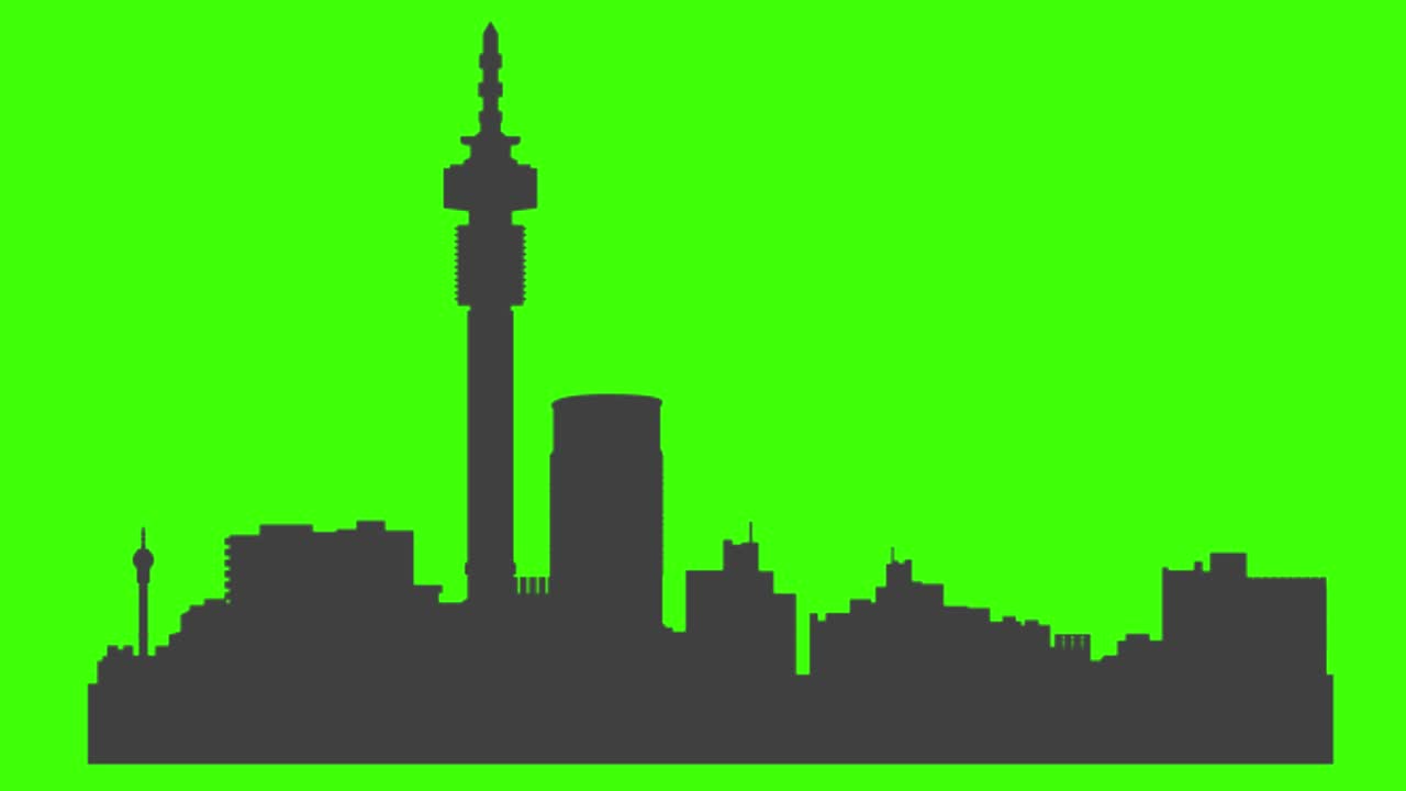 녹색 화면에 나타나는 요하네스버그 시의 아이콘의 실루