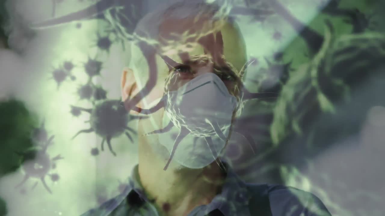 animación de células de covid-19 moviéndose sobre un hombre con una máscara facial