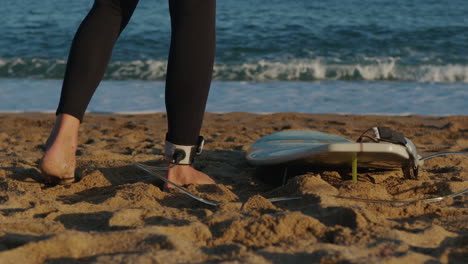 surfer man walking to the beach at sunset preparing for surfing training and search for waves in barcelona, spain, water, ocean exercise in sea with board, athletic male holiday or travel in vacation