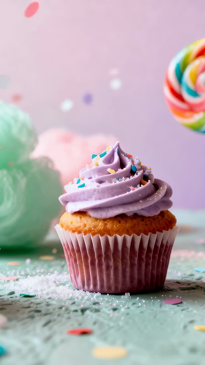 Video verticale: Coriandoli che cadono, carrellata indietro della telecamera, mostra un cupcake su un set color menta con un lecca-lecca.