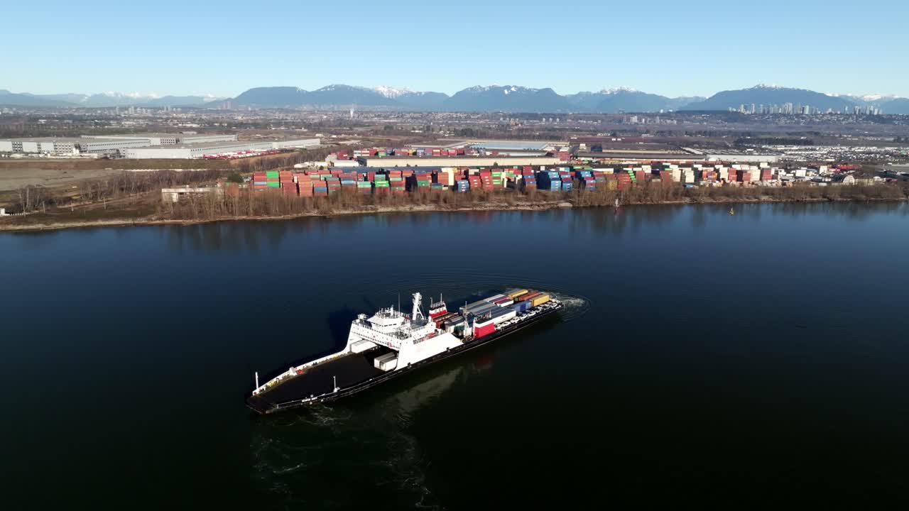 Seaspan Roll-On Roll-Off Ferry With Container Terminal In Fraser River, Canada. - aerial shot