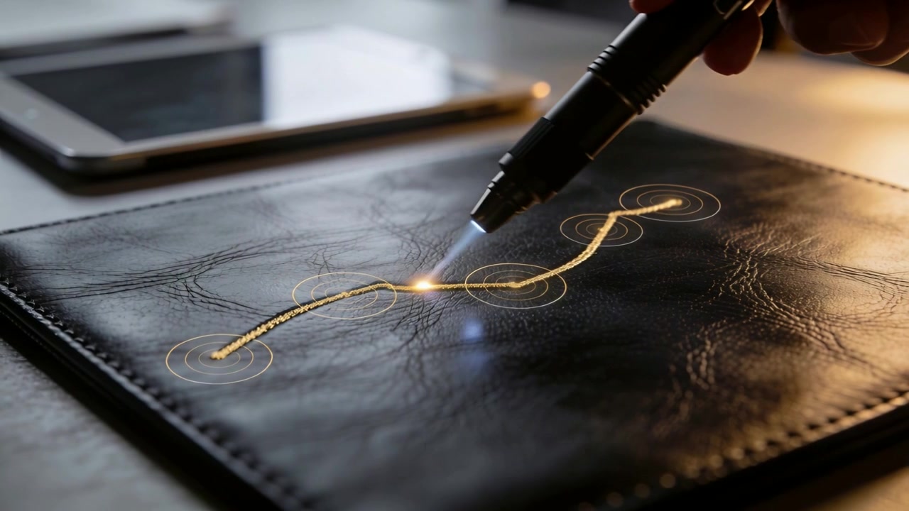 Mano che traccia con uno stilo che si avvicina a scintille, formando una cucitura dorata luminosa con nodi ad anello su un tappetino nero.