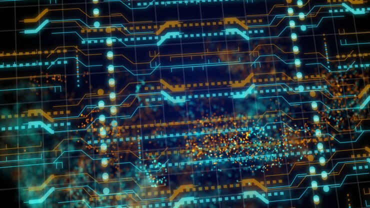 Animation of mesh, data processing over computer circuit board