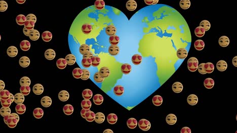 Animation-of-emoticons-floating-over-heart-shaped-globe-on-black-background