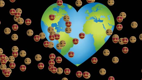 Animación-De-Emoticonos-Flotando-Sobre-Un-Globo-En-Forma-De-Corazón-Sobre-Fondo-Negro