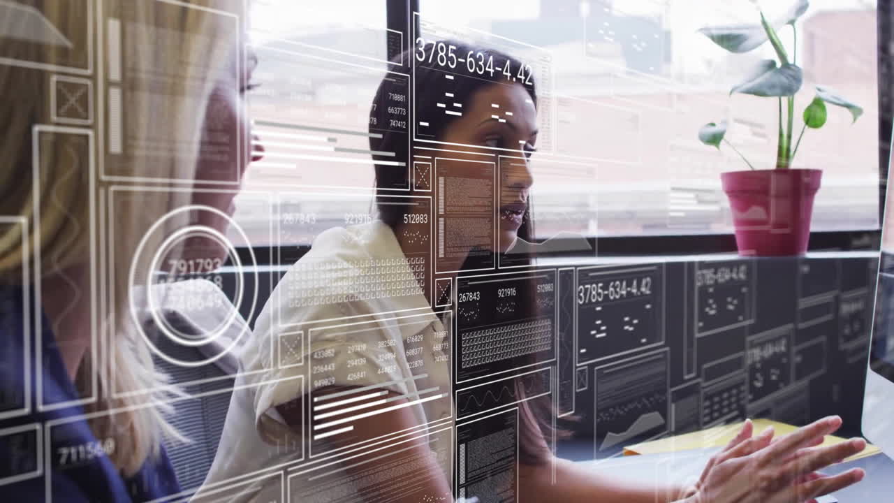 Animation of financial data processing over diverse business people in office