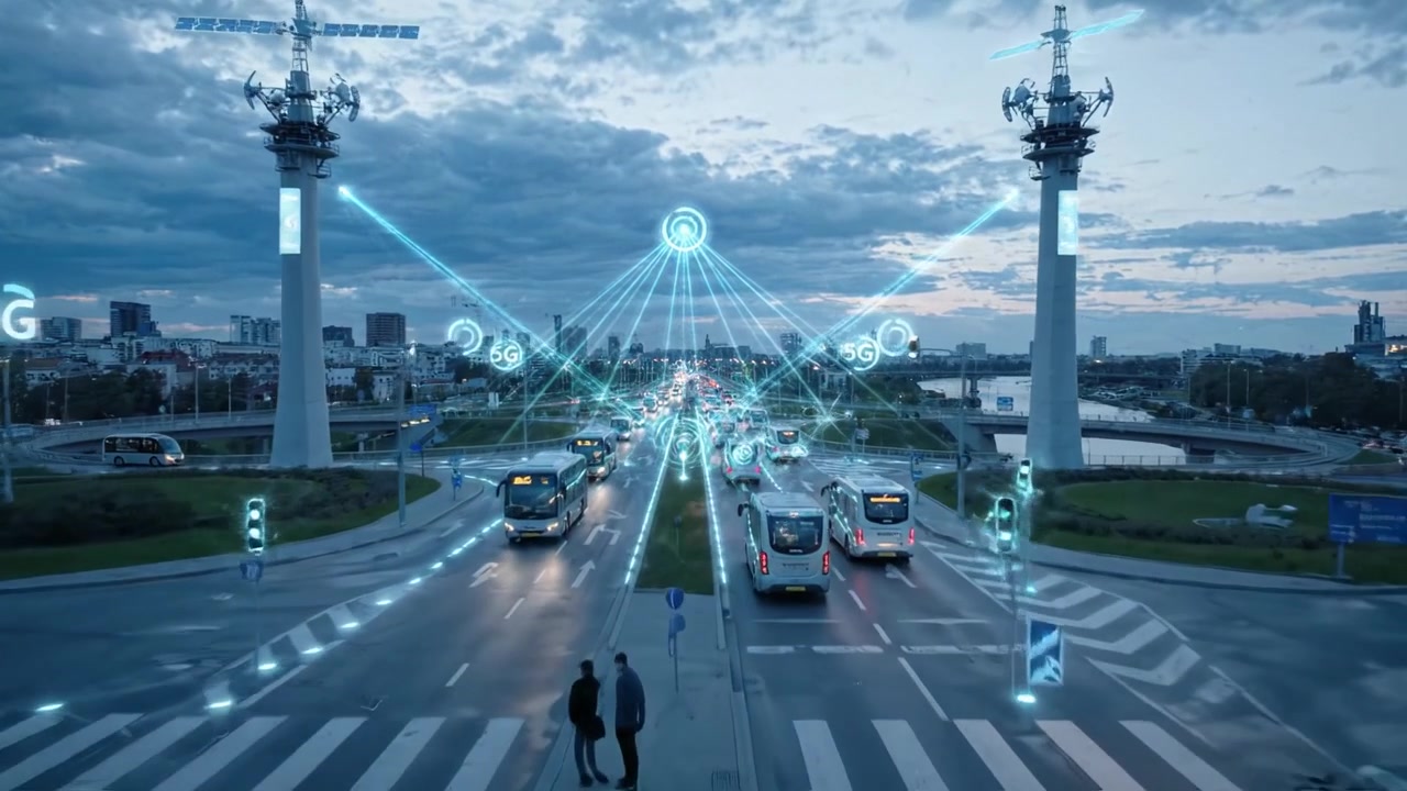 Vista aerea di un vivace incrocio urbano illuminato con tecnologia 5G, che mostra traffico dinamico, torri illuminate e un vivace paesaggio urbano alla luce della sera.