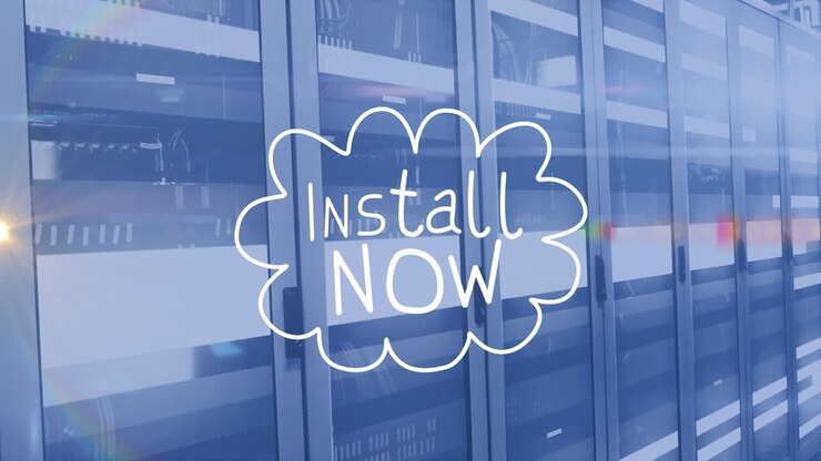 Animation of install now text and data processing over screens