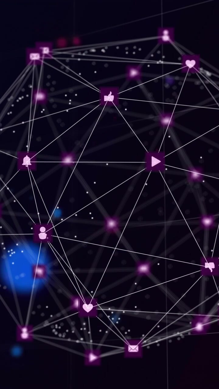 Animación de globo de conexiones con iconos sobre puntos de luz coloridos en fondo negro.