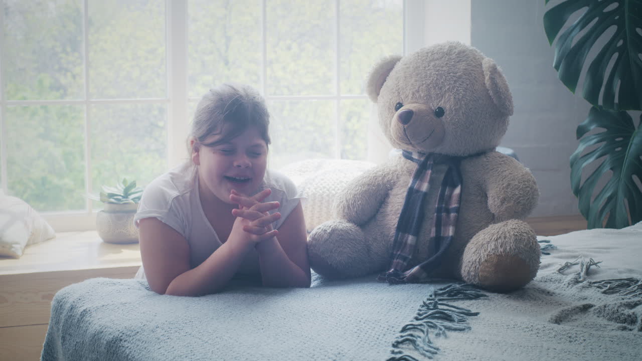 Girl with Teddy Bear in Bedroom