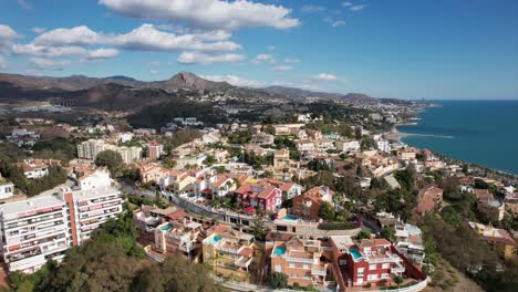 Cityscape-Fuengirola-drone-view-with-blue-summer-sky,-buildings-and-sea-coast-background