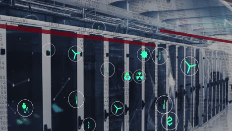 animación de procesamiento de datos y iconos de ecología sobre la sala del servidor