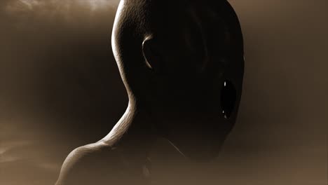 3d cgi close-up right profile shot of a classic, shiny-skinned roswell grey alien looking eeire and menacing, in an ominous swirling cloud of mist, with grey and sepia color tint