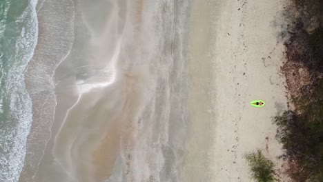 birdseye aerial top down view of a shoreline with a man laying on lamzac on a sandy beach with a forest behind