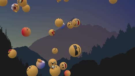 Multiple-face-emojis-floating-against-landscape-with-mountains