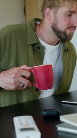 man working at home with coffee