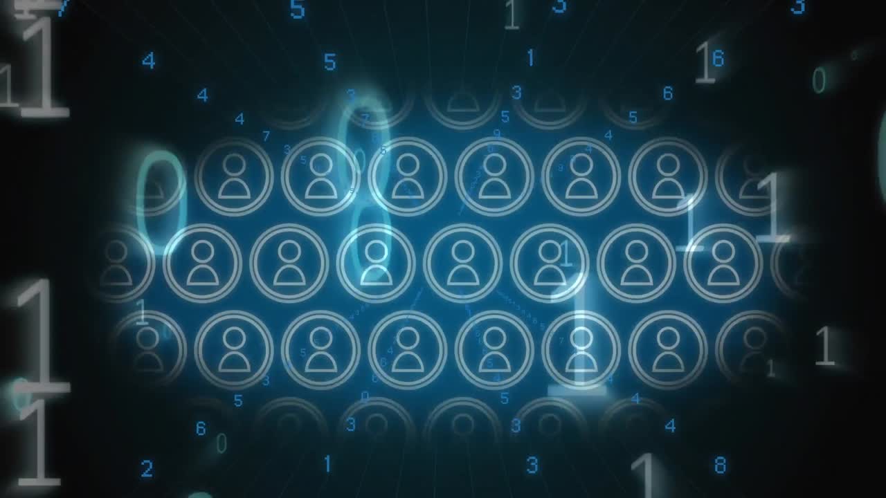 animación de codificación binaria y procesamiento de datos sobre iconos.