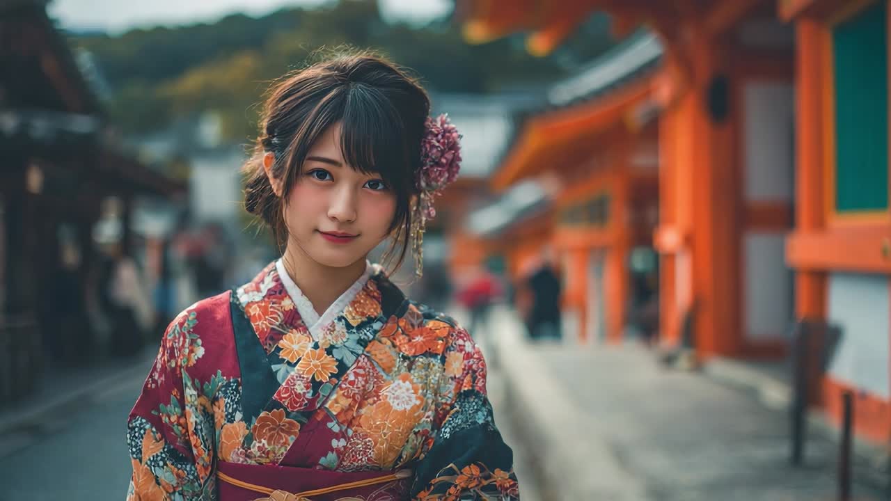Young woman in traditional kimono walks through historic street in Japan