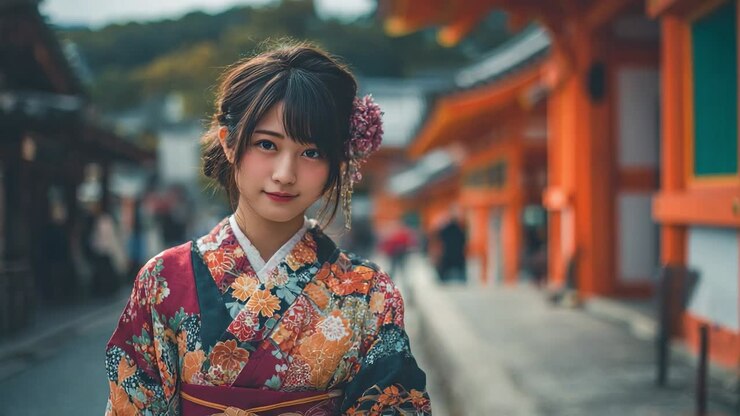 Giovane donna in kimono tradizionale cammina per la storica via di una città giapponese