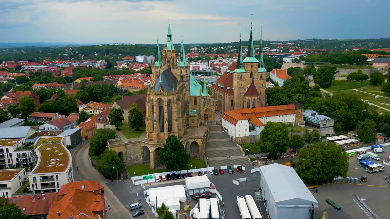 4K Aerial Drone Video of the Spiers and Stained Glass Windows of St. Severi Church and Erfurt Cathedral in Downtown Erfurt, Germany