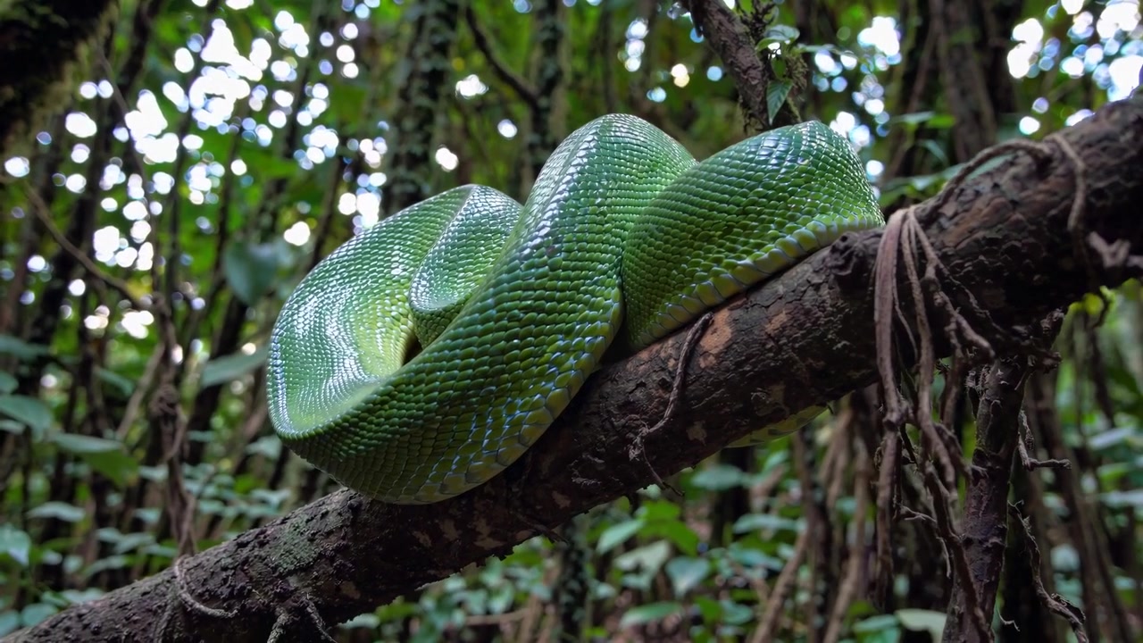 Serpente verde brillante avvolto su un ramo d'albero in una giungla lussureggiante.