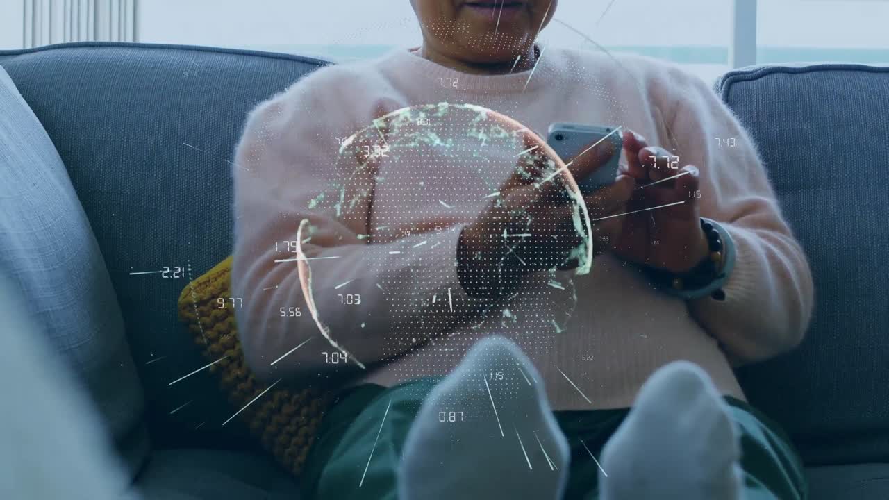 Animation of connections and globe over biracial senior woman using smartphone