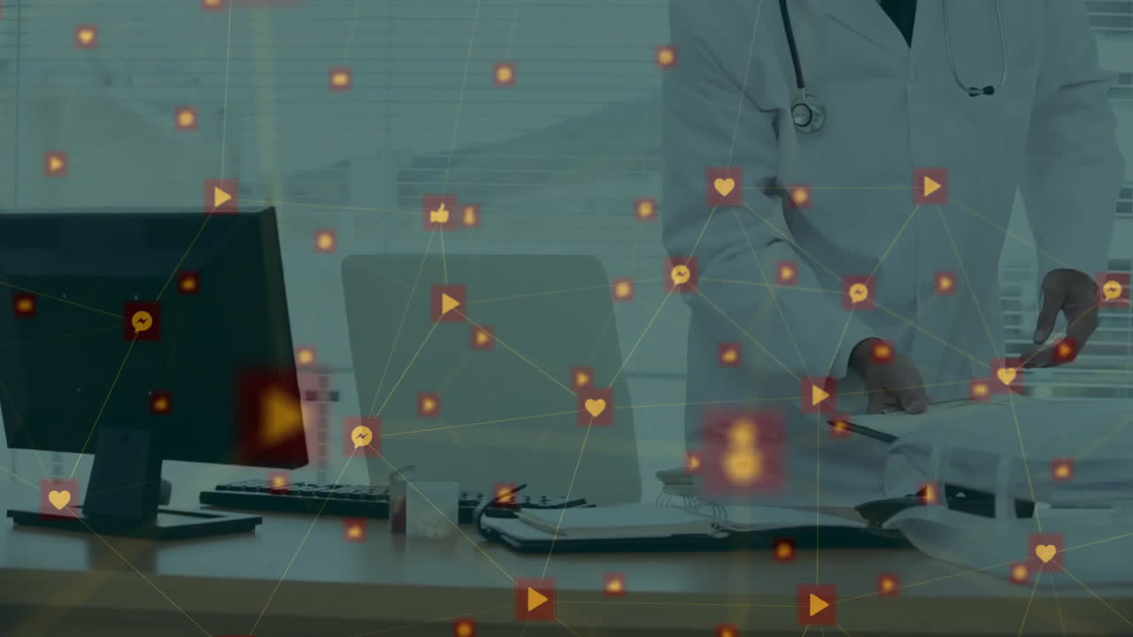 소셜 미디어 상호 작용 아이콘: 사무실에서 일하는 의사에 대한 애니메이션