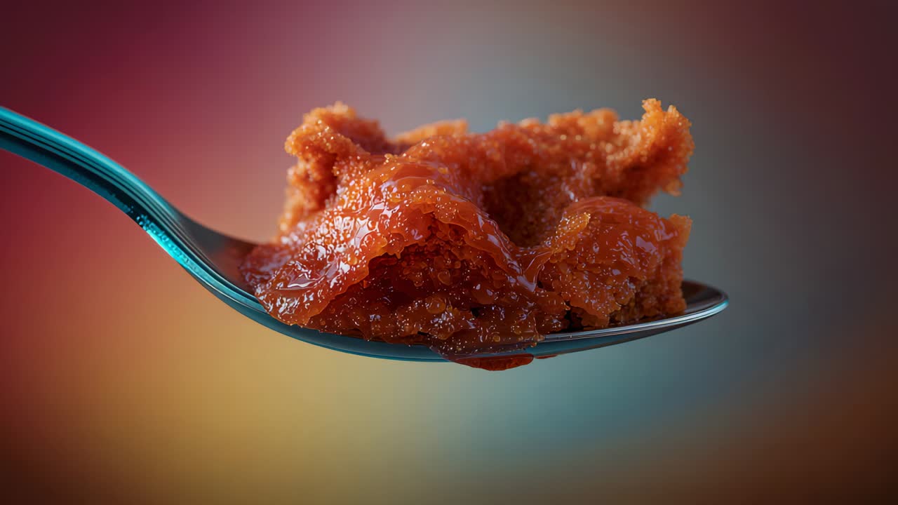 Tilting steel spoon holding red paste forming droplet against studio backdrop, showing paste color