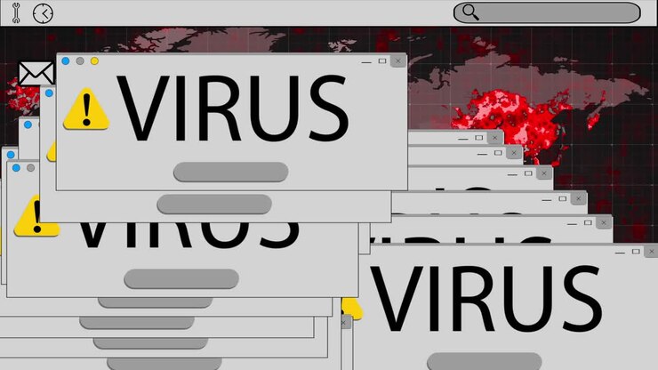 Digital animation shows virus alerts on a world map interface.