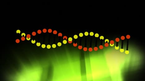 Animation-of-digital-dna-helix-rotating-with-circle-over-illuminated-green-light,-copy-space