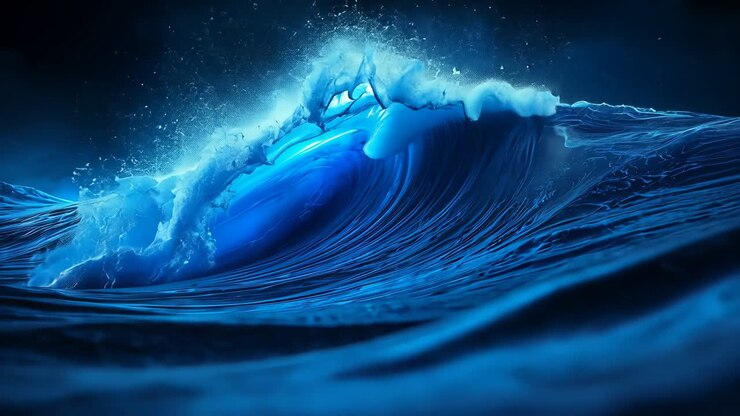 Blue wave rising from deep swell curling over sea surface, breaking into foam and water droplets