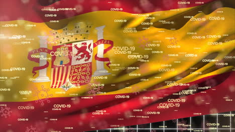 animation of the spanish flag over information in white letters and bacteria icons