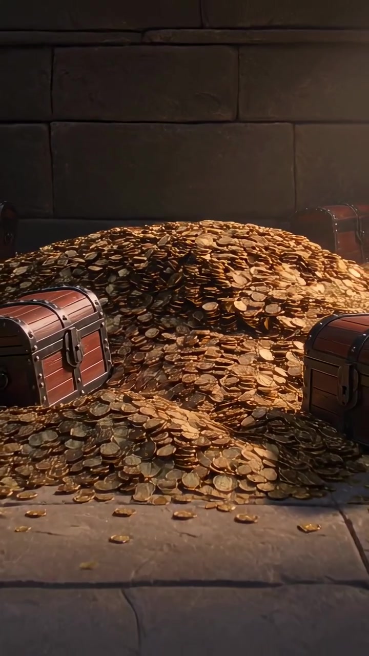 Vertikales Video: Zurückfahrende Kamera zeigt großen Haufen Goldmünzen in einem Tresorraum, um Truhen zu enthüllen
