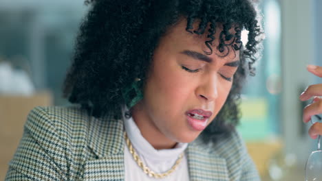 headache, burnout and woman in office
